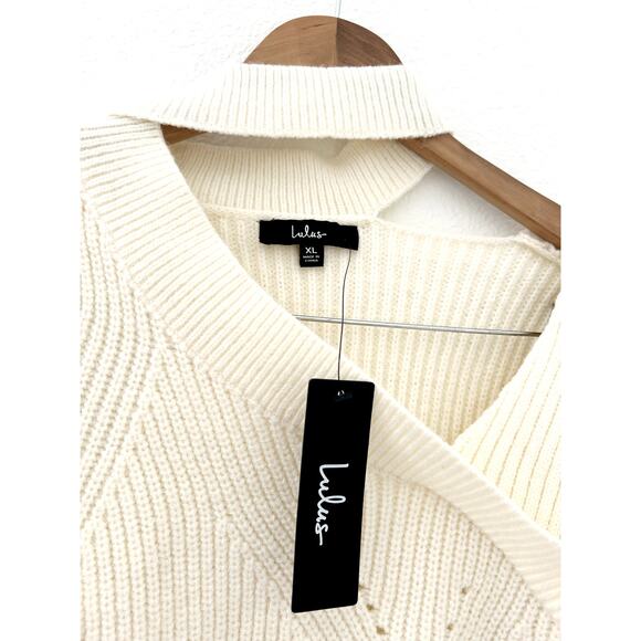 Lulus Trendy Forecast Ivory Pointelle Knit Mock Neck Cutout Sweater XL NWT - Picture 4 of 7